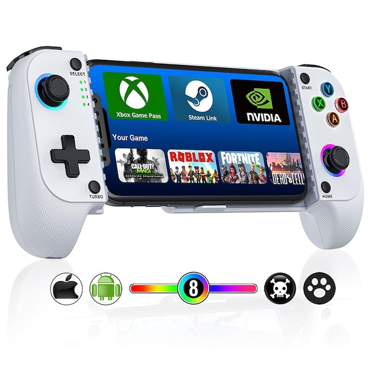 GamePad Controller pentru Android/iOS Rqiurpn Pentru Telefon/ps3/ps4/Switch/PC Suport telefon Bluetooth Wireless RGB 600mAh Incarcare USB-C Alb