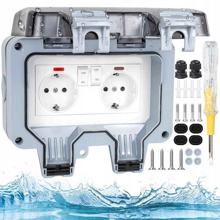 Priza dubla exterior 2 orificii cu intrerupator Model Standard European 250V/16A IP66 rezistenta la apa si praf gri cu intrerupatoare individuale