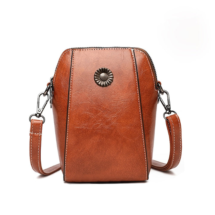 OEM - Women's Bag Genuine Leather 2 Compartments Versatile Superior Quality Metal Zippers Soft Cowhide Anti-scratch Brown
