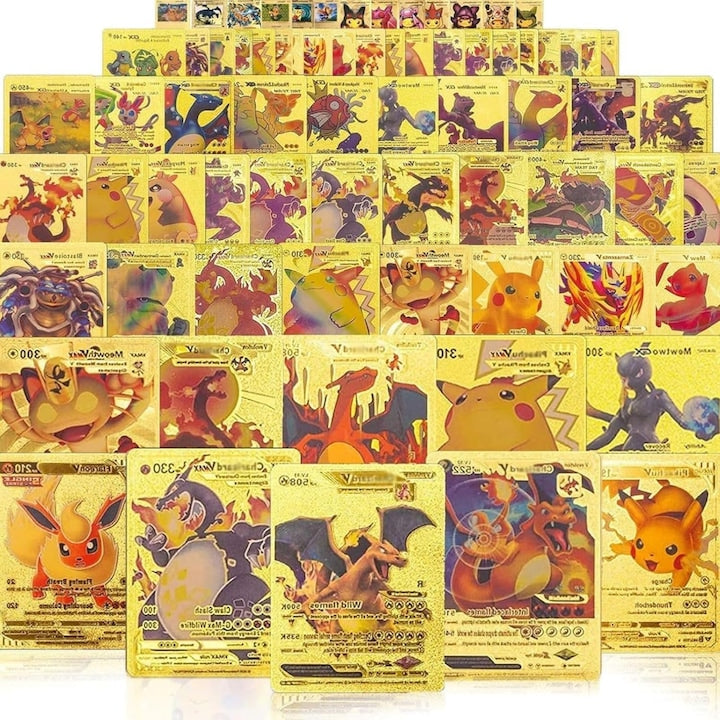 55 de carti Pokémon Gold inclusiv Vmax GX EX FA Tag Team sau Secret Rare carti rare aurii cu o carte cu folie aurie in interiorul carcasei perfecte pentru cadouri de ziua de nastere