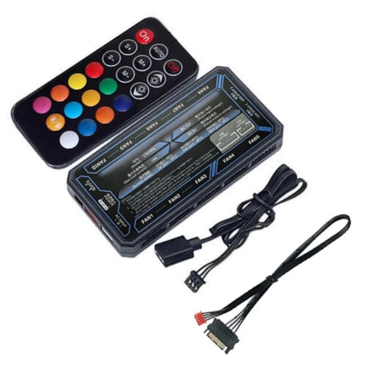 Controler ARGB 6-pin CJ-K0509 hub pentru ventilatoare si benzi RGB telecomanda wireless 10+2 negru
