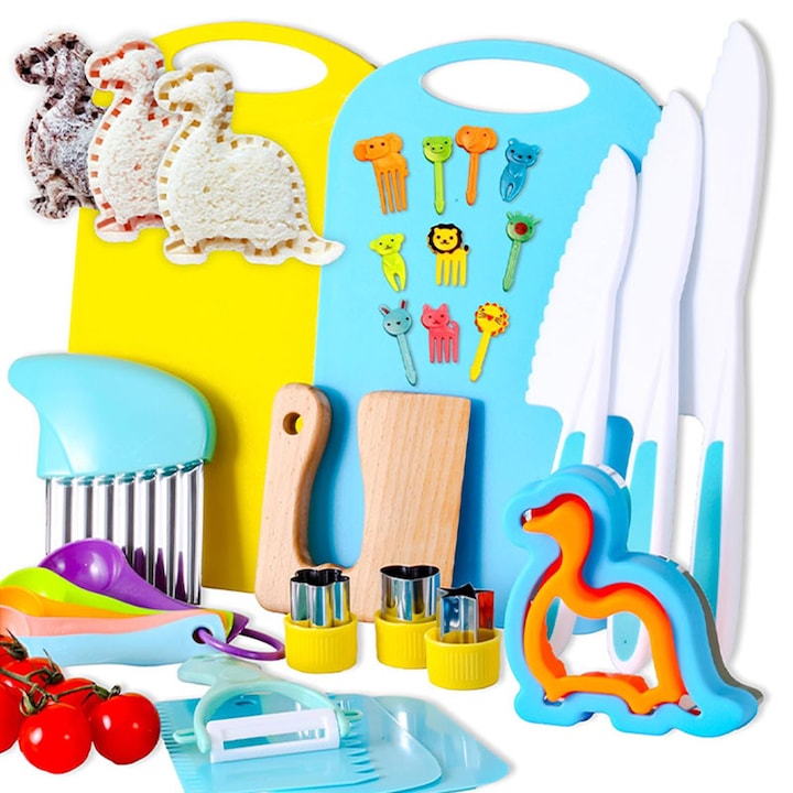 Set de ustensile de bucatarie pentru copii Rqiurpn Jucarii educationale Montessori 30 bucati Cu cutite sigure pentru copii Tabla de taiat Lemn/Plastic Multicolor