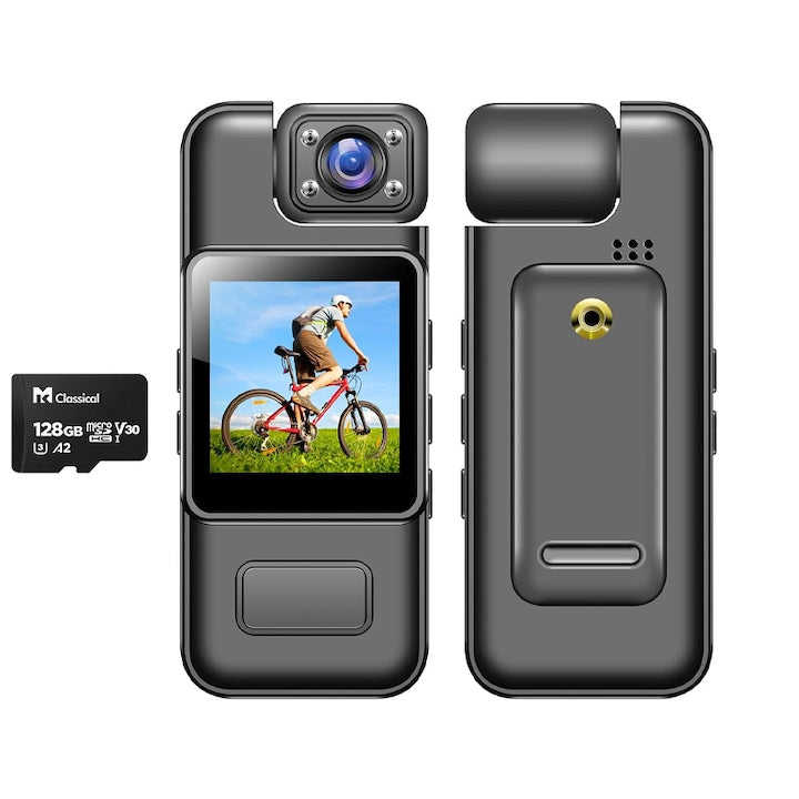 Rqiurpn 4K Full HD Sports Video Camera, Body Cam Sport, 180 Rotation, WIFI Wireless Connection, 128GB, Night Vision, Motion Detection Sensor, 1000mah Battery, Portable, for Outdoor Adventures and Vlogging, Black