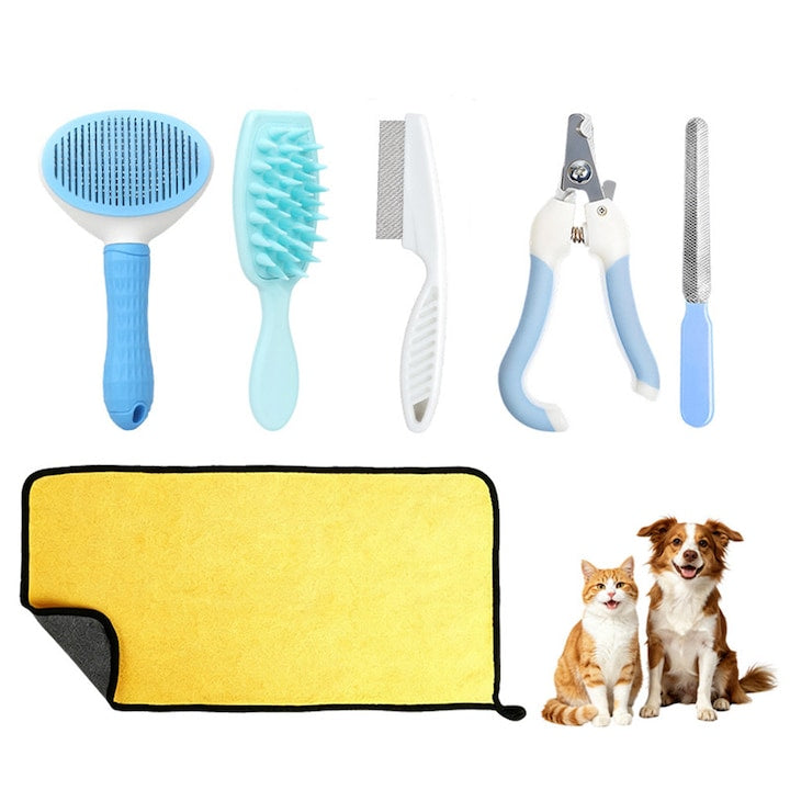 Set Ingrijire Animale 6 Piese – Pieptene Lat + Dens Perie Silicon Unghiera Pila Unghii Prosop Absorbant cu Geanta de Depozitare