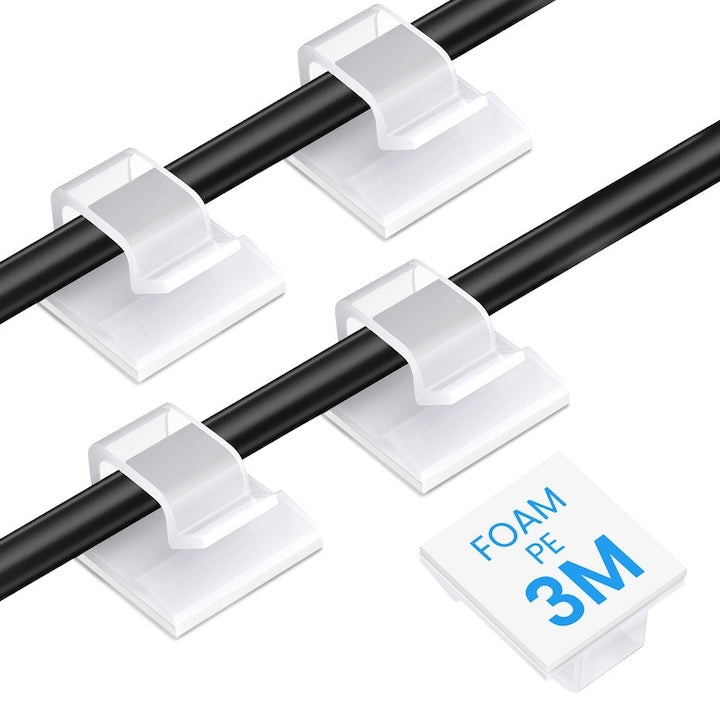 Set of 100 Adhesive Cable Clips, Transparent, for Cable Management, Applicable on Smooth Surfaces, Small Size