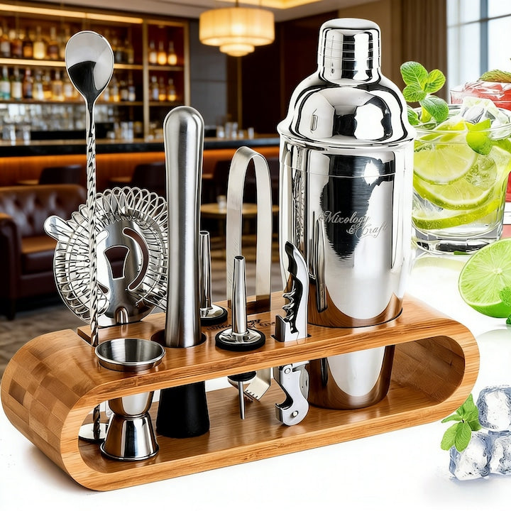 JFYU Bartender Set for Drinks, 750 ml Cocktail Shaker, Stainless Steel, Premium Bamboo Stand, Spoon, Strainer, Corkscrew, Double Jigger, Muddler, Pourers, Recipe Book Included, Silver, 10 Pieces