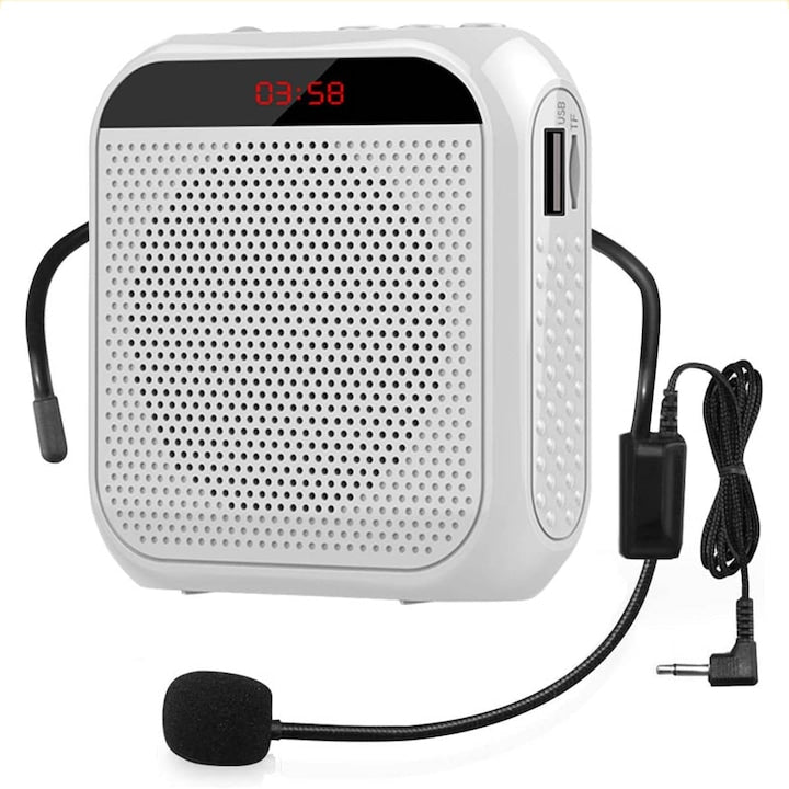 Amplificator de Voce 2200 mAh 8W Usb portabil Include microfon cu fi si curea de talie 20 de ore de utilizare MP3/WMA TF/TU slot card USB Aux pentru activitati in aer liber predare conferinte si instruiri OUYLAF Alb