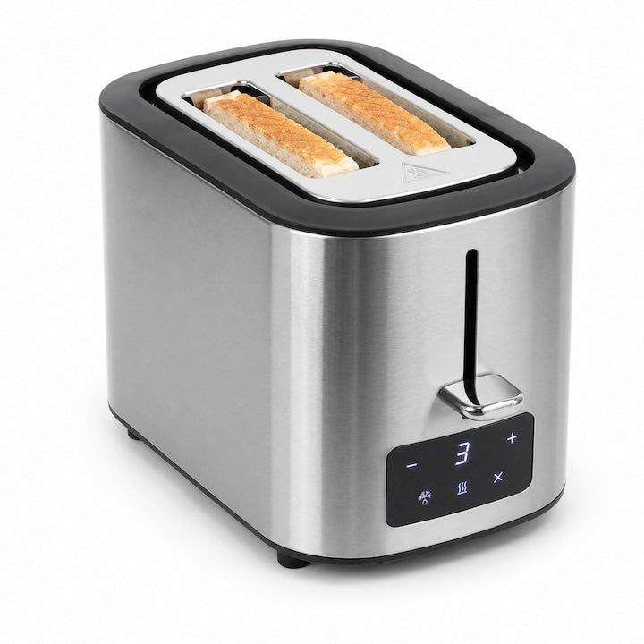 Prajitor de paine din inox 800 W 2 felii control tactil 6 trepte de rumenire decongelare si reincalzire tava pentru firimituri argintiu