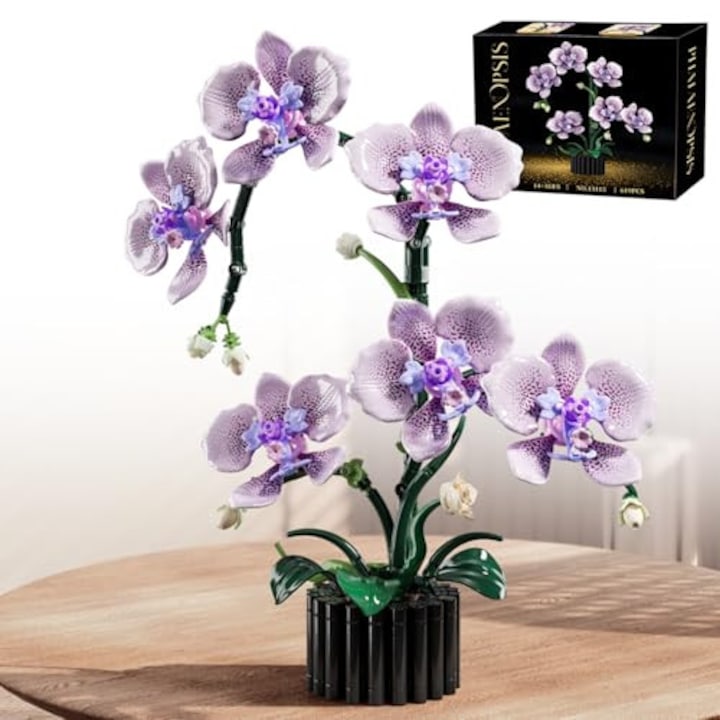 Purple Orchid Building Set, WALALLA, 619 Pieces, Artificial Flowers with Black Pot, Adjustable Design, Decorations for Home, Office, Shelf or Desk, Compatible with Botanical Collections, Ideal Gift for Women and Flower Lovers