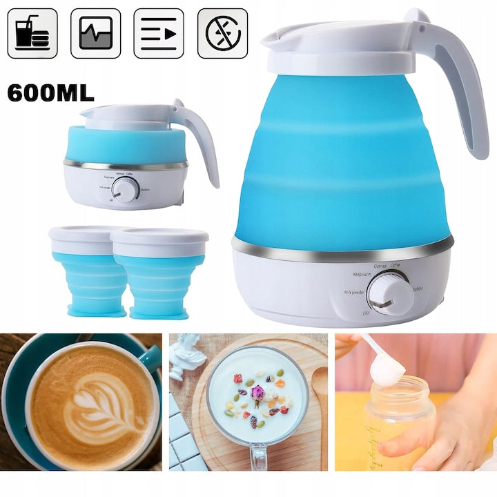 CHOOLY Foldable Electric Kettle Set with 2 Cups, Food Grade Silicone, 600 ml, Blue