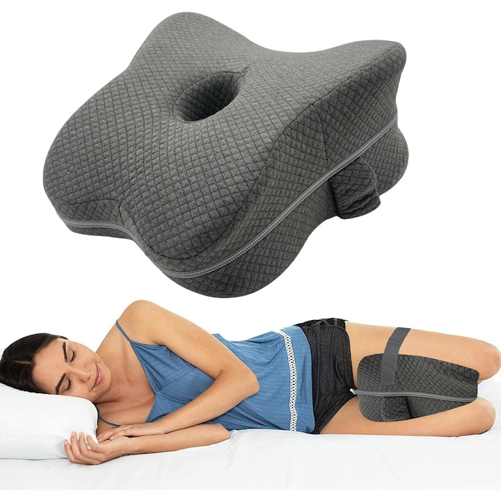 Juksun Leg Pillow, Ergonomic Side Sleeper Pillow with Knee Support and Sciatica Relief, Memory Foam, Polyester/Cotton Cover, 26*23*10cm, Grey