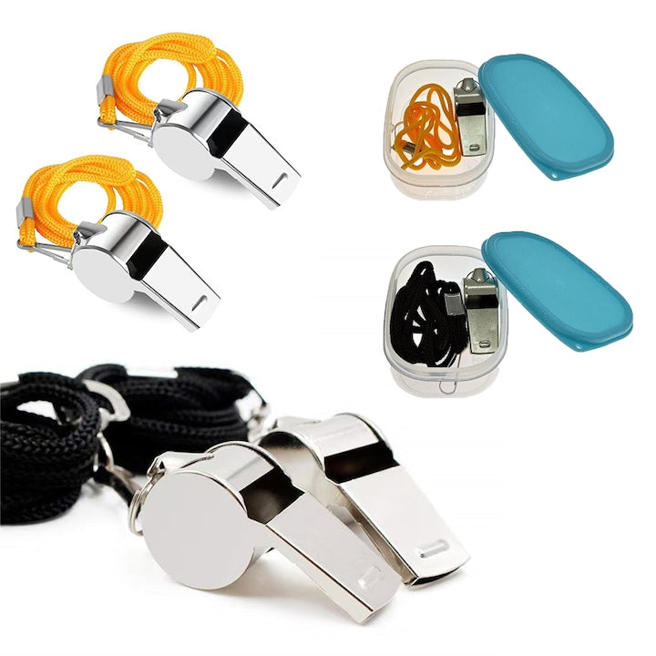 Set fluier metalic pentru arbitri ZOUN set de 4 piese durabil pana la 115 decibeli cablu de 35 cm potrivit pentru predare competitii semnale de urgenta comenzi include cutie de depozitare argintiu