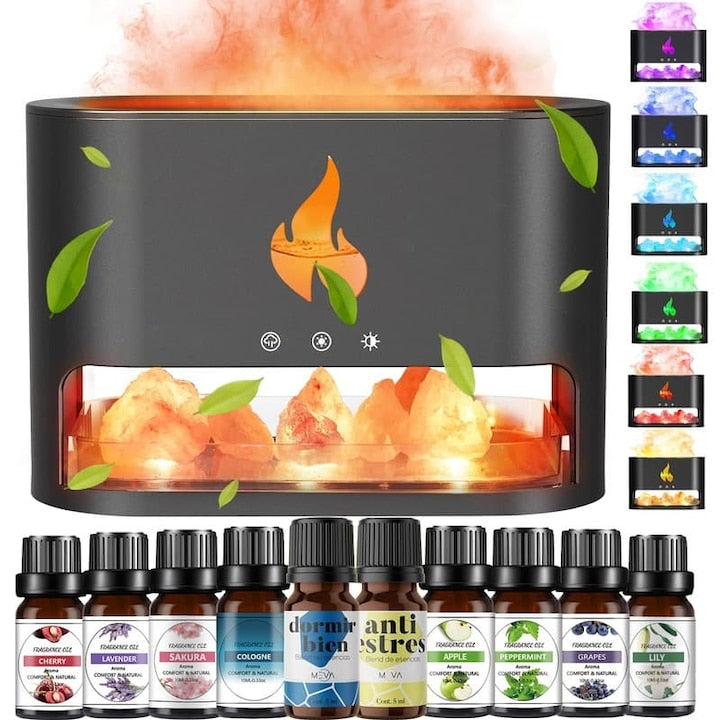 AYCYKD Aroma Diffuser 3-in-1 Essential Oil Diffuser, Himalayan Salt Lamp, Humidifier, 250ml, 7 Colors, Timer Function, Black, Set with 10 Essential Oils