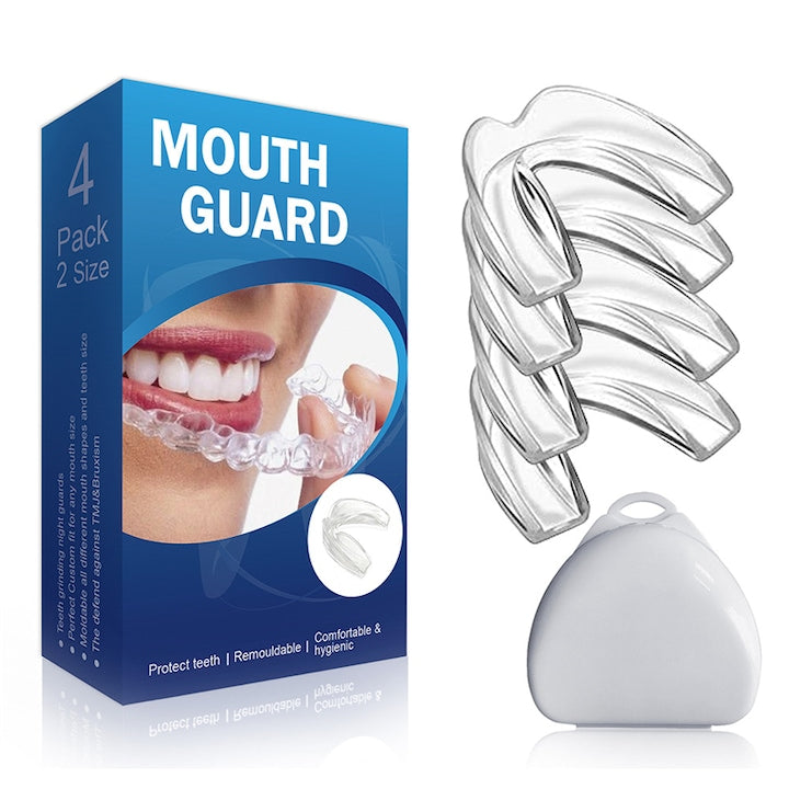Set 4 gutiere impotriva scrasnitului din dinti BOMSTOM EVA Cutie depozitare anti sforait anti bruxism si anti apnee in somn Pentru adulti Transparent