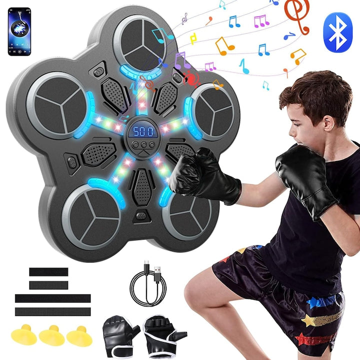Aparat De Box Muzical Inteligent Bluetooth Montat Pe Perete Pentru Copii Cu Manusi Lumini Ritmice Viteze Reglabile Si Contor Echipament De Box Muzical Tinta De Perete Pentru Antrenament De Acasa