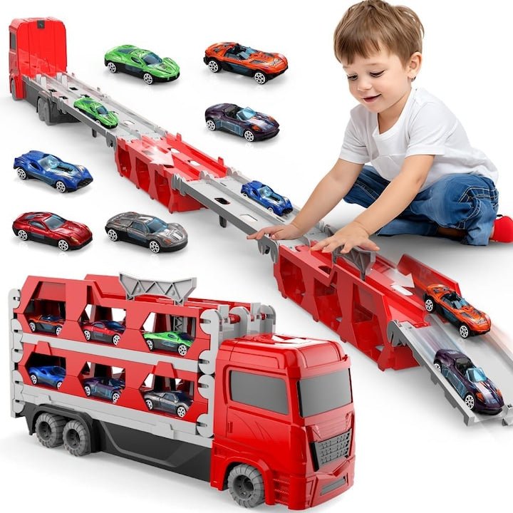 Set camion trailer de jucarie 9 in 1 cu 8 masini metalice pista de curse 2.07m rosu