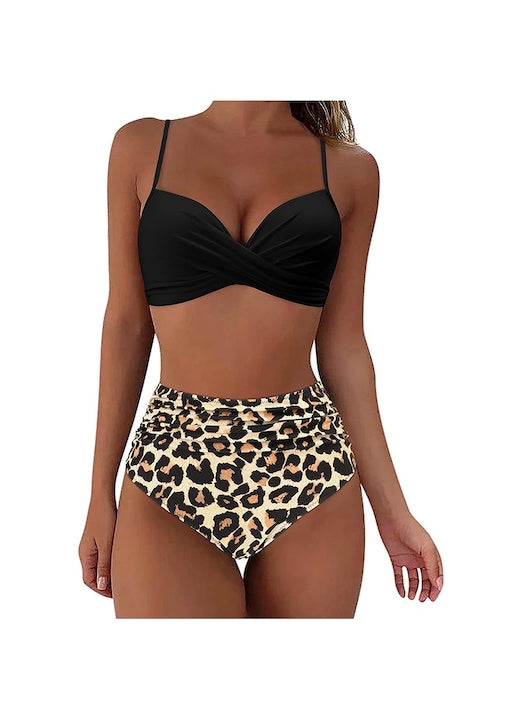 Notekisskai - Costum de baie intreg negru talie inalta imprimeu floral Negru