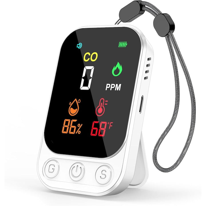 Detector de Monoxid de Carbon Smart 2-in-1 Wireless portabil Display LCD pentru monitorizare a Concentratiei de Gaz in Timp real Afisare Temperatura si umiditatii Alimentare baterii OUYLAF Alb