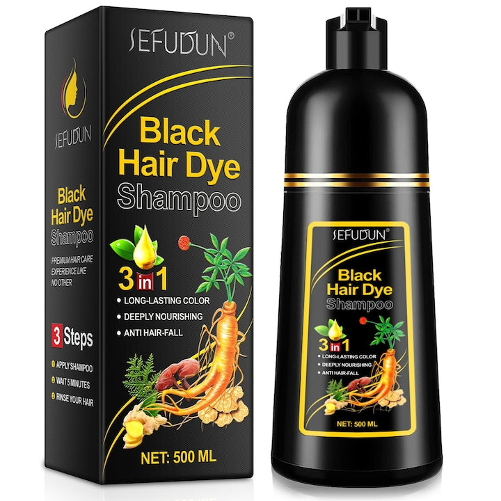 Sampon 3 in 1 pentru Acoperirea Firelor Albe si Colorare Par Negru Cu Ghimbir Ginseng si Tratament Anti-Cadere 500 ml Pentru Barbati si Femei Rezistent la Spalare Fara Amoniac Produs Profesional pentru Ingrijirea Parului