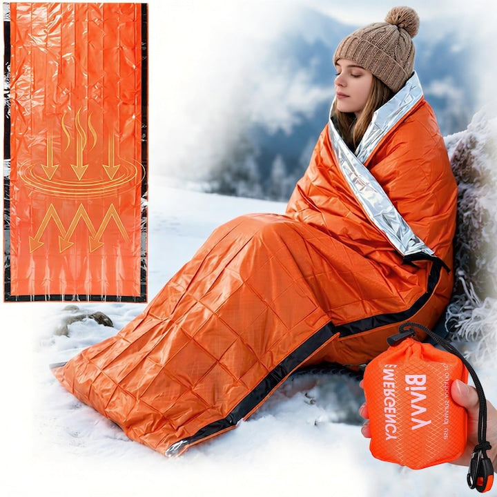 Swejah Emergency Sleeping Bag 210*90cm, Thermal Blanket with Emergency Whistle and Storage Bag, Survival, Thermal Insulation, Portable, Reusable, Mylar, for Camping, Hiking and Outdoor Adventures, Orange