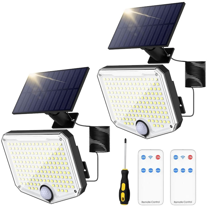 SINBINTA Solar LED Lamp with Remote Control, 2pcs, Adjustable, 156 LED, Motion and Light Sensor, 5m Cable, 1500 mAh Battery Included, 5-meter Cable Length, Easy to Use, IP65 Waterproof, ABS, Black