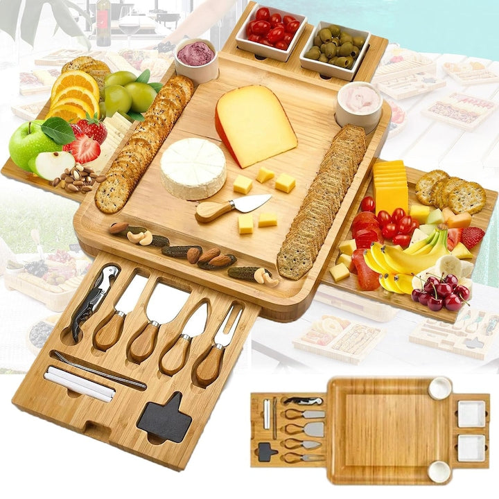 Set Platou Servire Branzeturi Aperitive SANSES Bambus Premium Cutite Inox Sertare Detasabile Boluri Ceramice Tirbuson si Accesorii pentru Branzeturi Aperitive Deserturi 33x39x5 cm Bambus