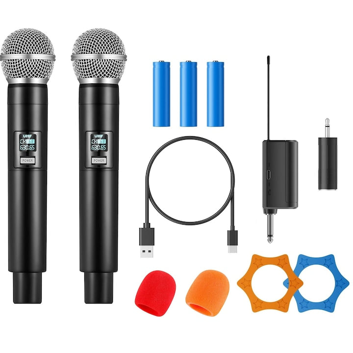 Set 2 microfon fara fir pentru karaoke acasa intalnire nunta discursuri functie anulare zgomot Plug and play receptor wireless 2x protectii anti-praf 2x suport anti-alunecare adaptor tip Jack cablu USB poate fi reincarcat