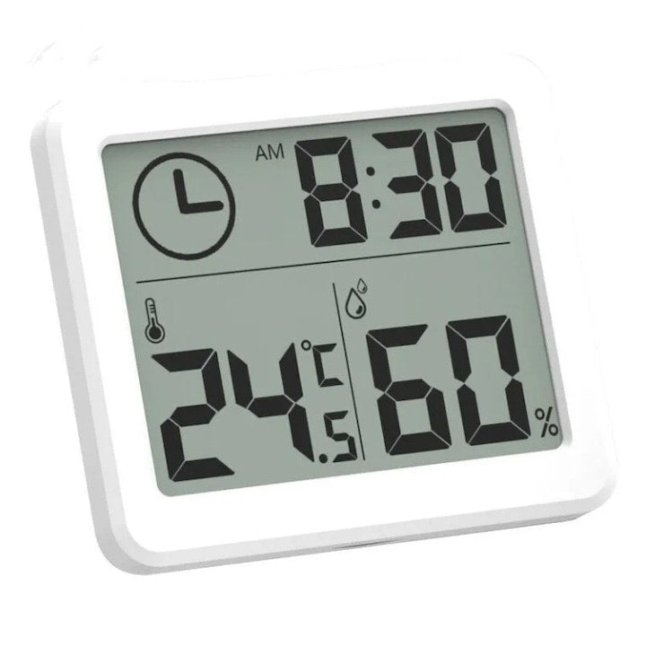 Termometru si higrometru digital de camera afisaj LCD temperatura -10~70 C umiditate 20%-90% RH ceas pentru masa si perete OUYLAF Alb