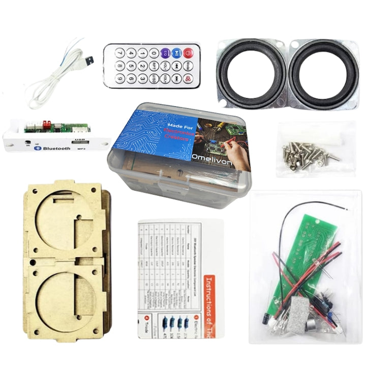 DIY Bluetooth speaker kit with case, electronic components for soldering and assembly, with included guide, ideal for students and practical education