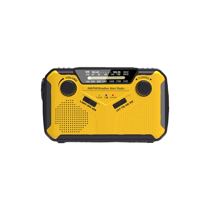 Radio portabil camping lampa LED pentru calamitati naturale cutremure furtuni cu dinam lanterna incarcare solara baterii si priza powerbank 2500 mAh alarma SOS kit supravietuire galben