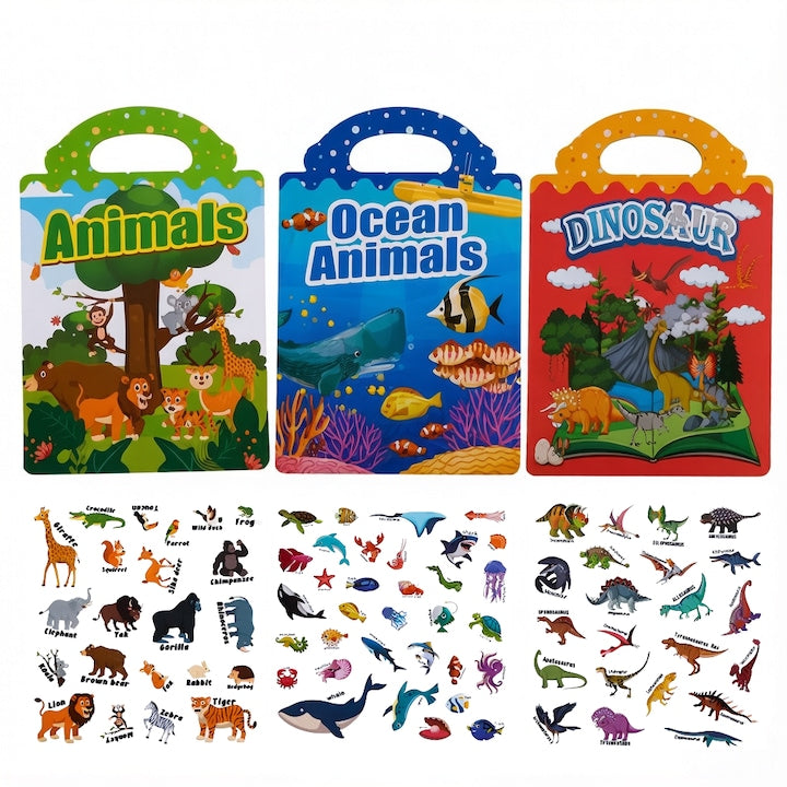 Set of 3 Reusable Jelly Sticker Books – Marine Animals, Forest Animals, Dinosaurs, for Children 3+, Washable Silicone