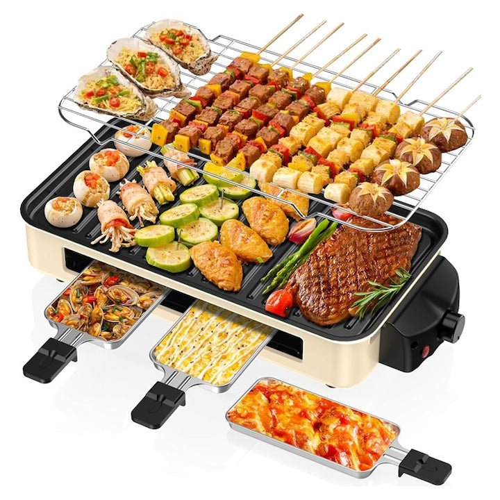 Gratar Electric Fara Fum Omelivon 1500W 2 in 1 Termostat Reglabil Incalzire rapida 3 Tigai Raclette Prajire in tigaie si friptura Grill Detasabi Suprafata Antiaderenta Portabil Pentru interior/exterior Crem