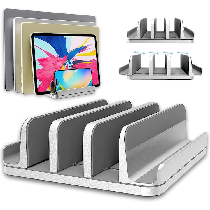 Dual Vertical Stand Dual Vertical Stand with Tilt 5 Slots Notebook 14/17.3" Aluminum Protection Adjustable Spacer Anti-Slip Protection For Laptop Phone Tablet Silver