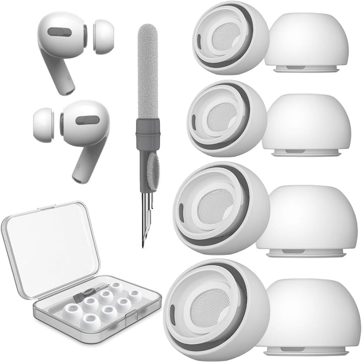 Set dopuri silicon Nybgyy pentru AirPods Pro 4 marimi XS/S/M/L kit curatare Alb
