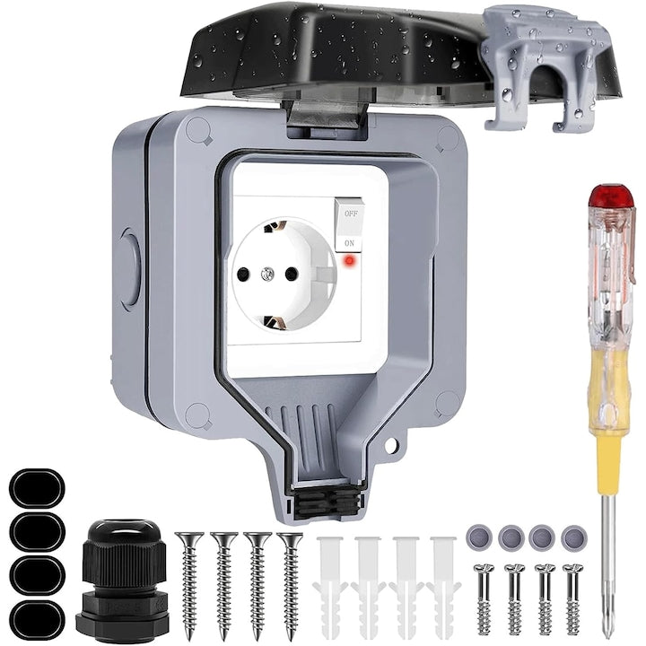 WALALLA Outdoor IP66 Waterproof Socket with Switch Indicator, Cover, Anthracite Grey, 1 Socket, Surface Mounted, Accessories Included, Grey/White