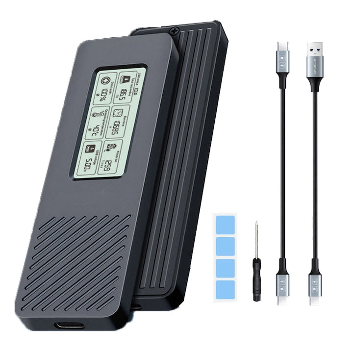 Carcasa externa SSD M.2 NVMe USB 3.2 Gen 2 10Gbps capacitate maxima 4TB USB-C/USB-A ecran LCD cu monitorizare inteligenta aluminiu OUYLAF Negru