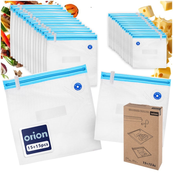 Set 30 Pungi Vidare Cu Supapa De Aer Si Inchidere Zip Orion 15 Bucati De 26x28 cm Si 15 Bucati De 22x21 cm Transparent Folie Nailon Ultra Rezistenta Fara Bpa Saci Reutilizabili Compatibili Cu Aparate De Vidat Portabile Pastreaza Alimente Proaspete