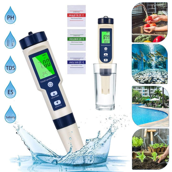 Digital pH Meter 5-in-1 Water Quality Tester pH/TDS/EC/Salinity/Temperature Meter with ATC High Accuracy Pen-Type Tester with 0.01 Resolution for Drinking Water, Aquarium, Spas