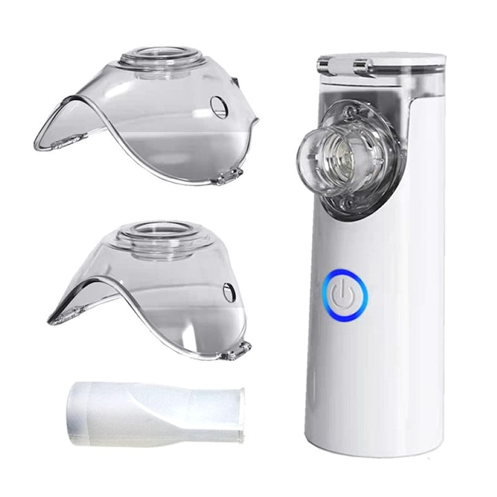 Aparat Aerosoli Portabil Silentios Inhalator Nebulizator Mesh Ultrasonic Rezervor 8 ml Masca Adulti si Copii Tehnologie Mesh 2.0 Piesa pentru Gura Incarcare USB-C Alb