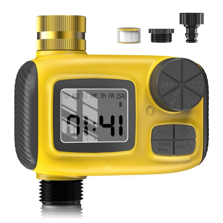 Programator Irigare Gradina Duueyct 3 Moduri Udare Automata Precisa Ecran LCD IPX5 Functie de blocare pentru copii Economisire Apa Intrare alama Rezistent Instalare usoara Pentru Gradina Gazon Piscina Galben