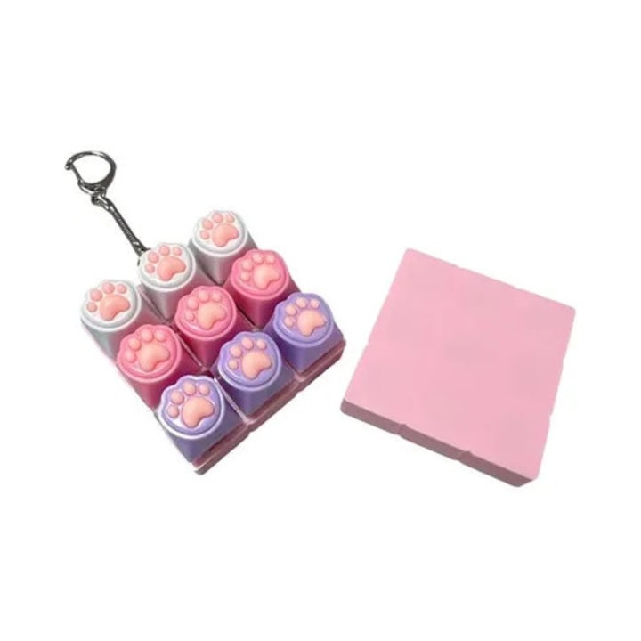 Breloc jucarie antistres fidget din ABS 9 capace tip keycap cu imprimeu labuta silentios Patte de Chat Multicolor