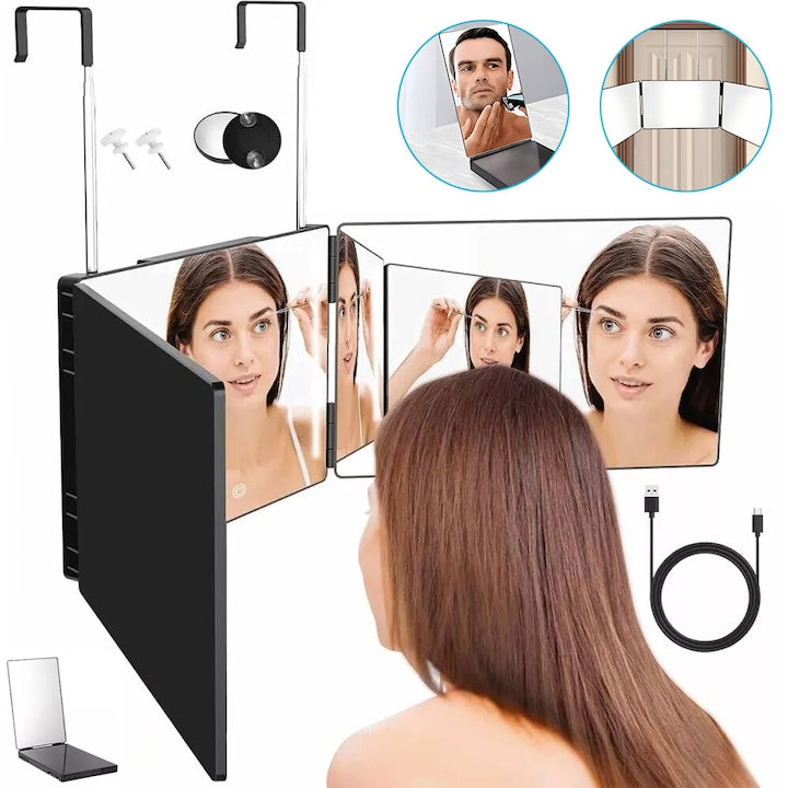 3-Way Mirror with Lights, 360° Self-Cutting Mirror, Portable Adjustable and Foldable Triple Mirrors with Retractable Height Hook for Hair Cutting, Coloring, Braiding, Shaving, Makeup
