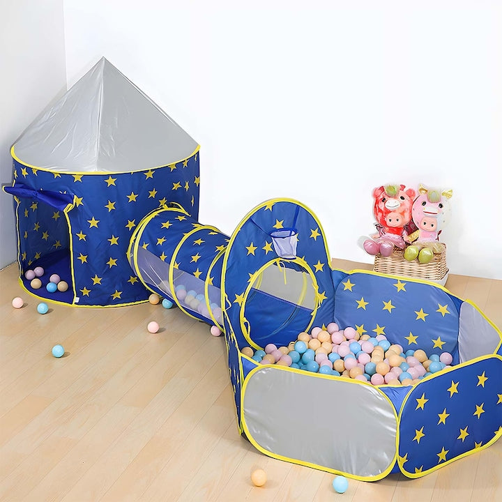 Cort 3 in 1 pentru copii set cu tunel si piscina cu bile tema spatiala 130x120x300cm