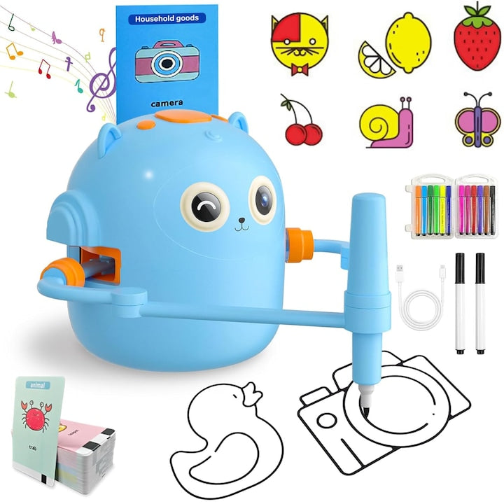Kids Drawing Robot, Interactive Voice Educational Drawing Toy for Early Learning, Montessori Learning Toy with 100 Word Cards, 12 Colored Pens for Girls and Boys