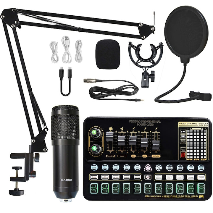 Kit mixer Walalla placa de sunet V10 Pro / microfon BM 800 / diverse accesorii potrivit pentru streaming live jocuri PC laptopuri smartphone-uri negru