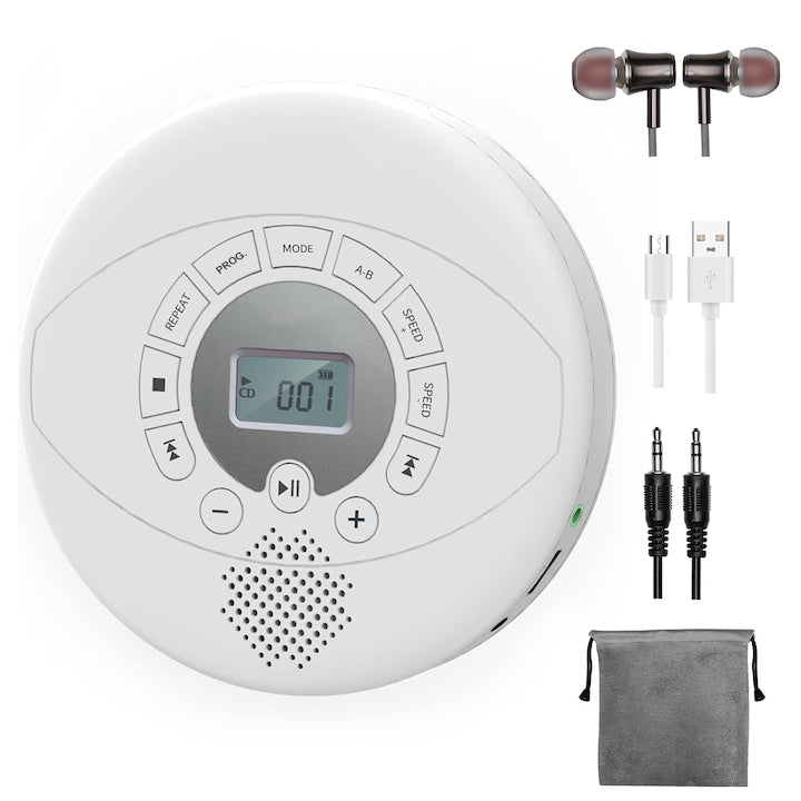 Portable rechargeable CD player, Walkman CD player with speaker, with headphones, CD-R, USB MP3 playback, anti-skip CD playback for car, suitable for personal or multi-users, WALALLA, white