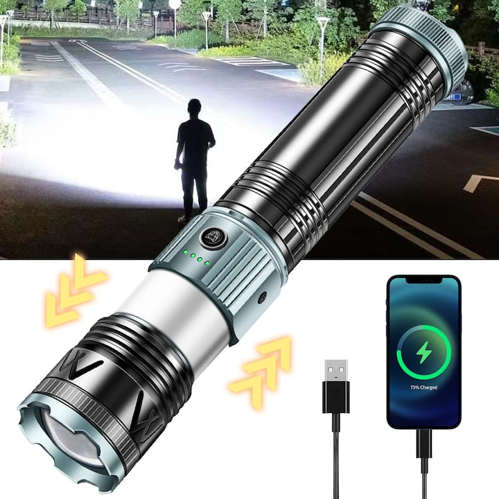 Lanterna LED puternica profesionala SDLOGAL din aluminiu ocus ajustabil 7 Moduri iluminare distanta 1500m 7200mah Ultra-Luminoase Rezistente la Apa Pentru Camping Negru