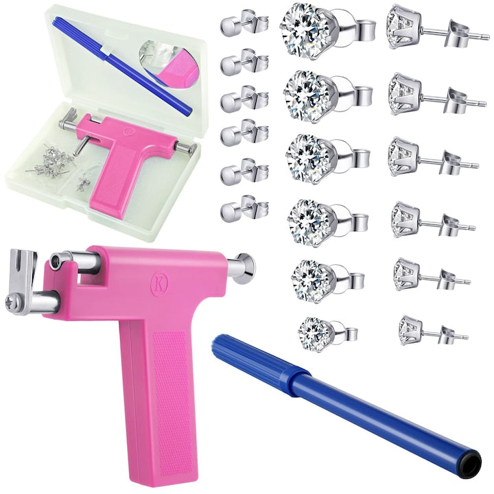 Professional ear and nose piercing gun includes 6 pairs of diamond earrings, 6 pairs of anti-traumatic, allergy-resistant earrings, suitable for use in salons and at home, Pink
