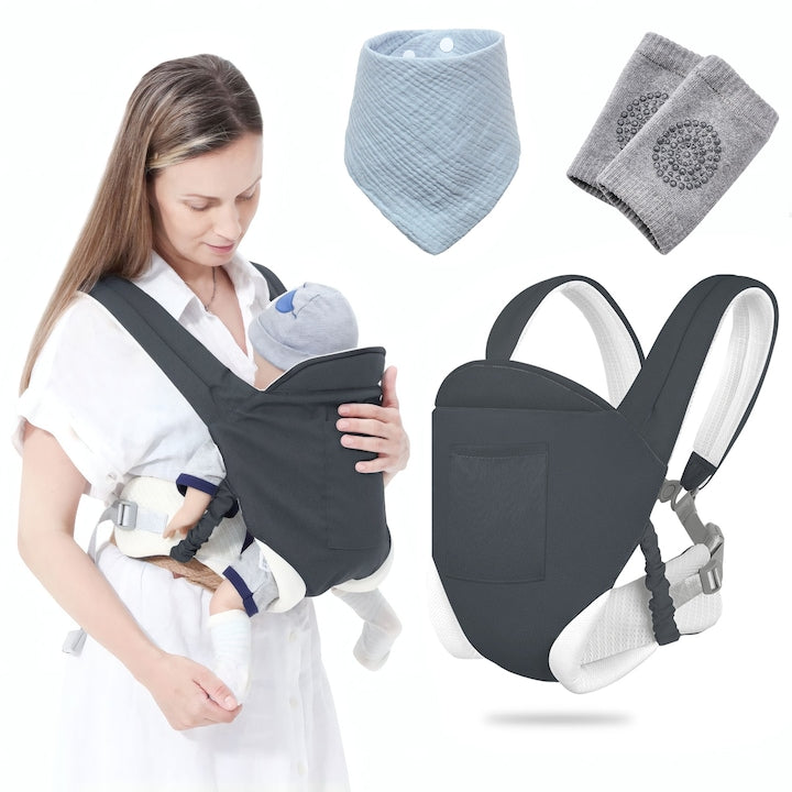 Ergonomic Baby Carrier Set, Gray, 0-24 Months, with Feeding Bottle and Knee Pads, 30x28cm