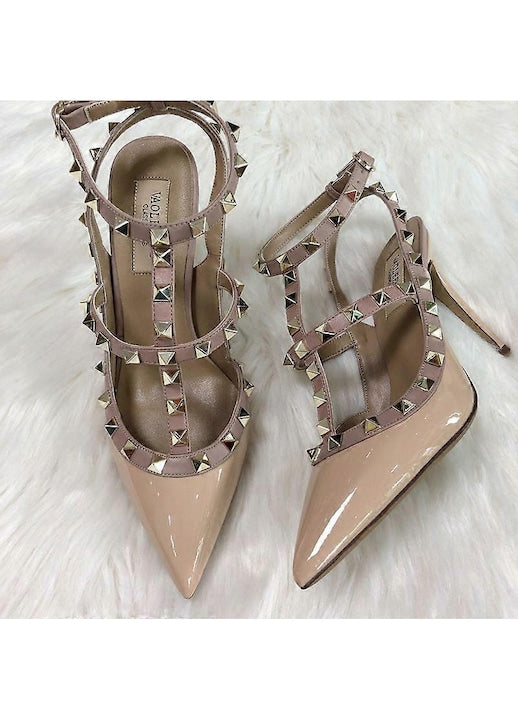 Valentino - Sandale dama toc inalt varf ascutit doua barete culoare nude piele naturala lacuita 12 rate cu 0% dobândă